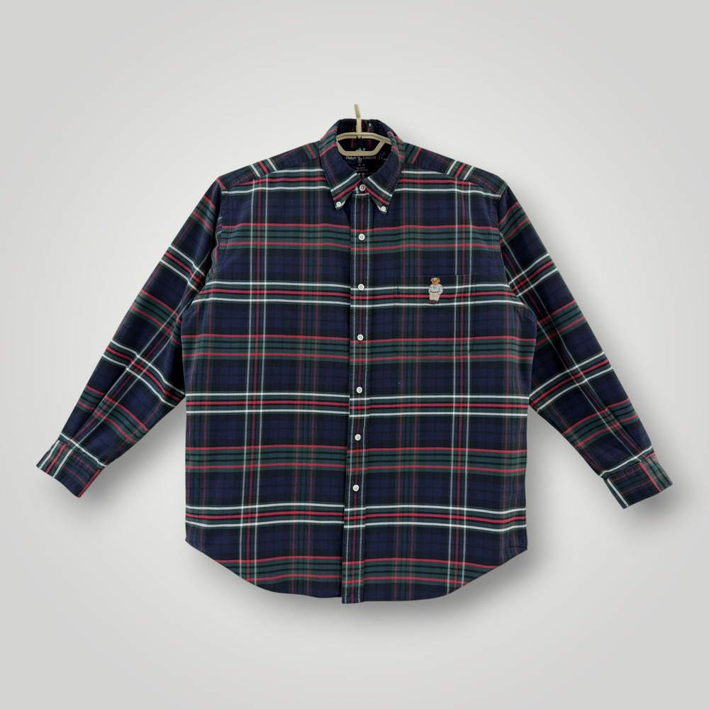 Ralph Lauren Polo Bear Plaid Shirt Mens Medium Blake Navy Green Red Button Down